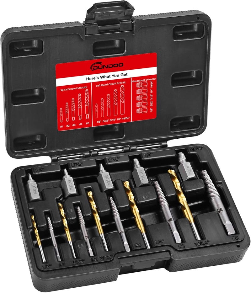 DUDDOO 15Pcs Screw Extractor Set, Easy Out Extractor Set, Left Hand Drill Bit Hex Head Extractor, Cobalt HSS Steel Kit for Stripped Screws and Broken Bolts - Image 1